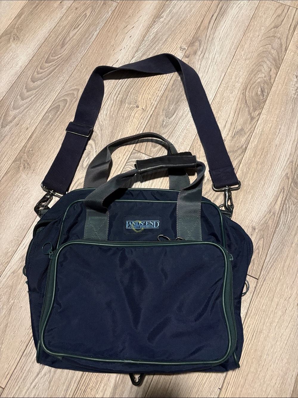 Lands' End Navy Messenger Bag with Green Trim